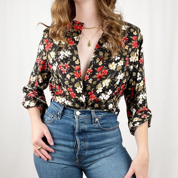 Vintage Teruko Floral Silky Button Up Long Sleeve Romantic Blouse Novelty Print - Picture 8 of 8